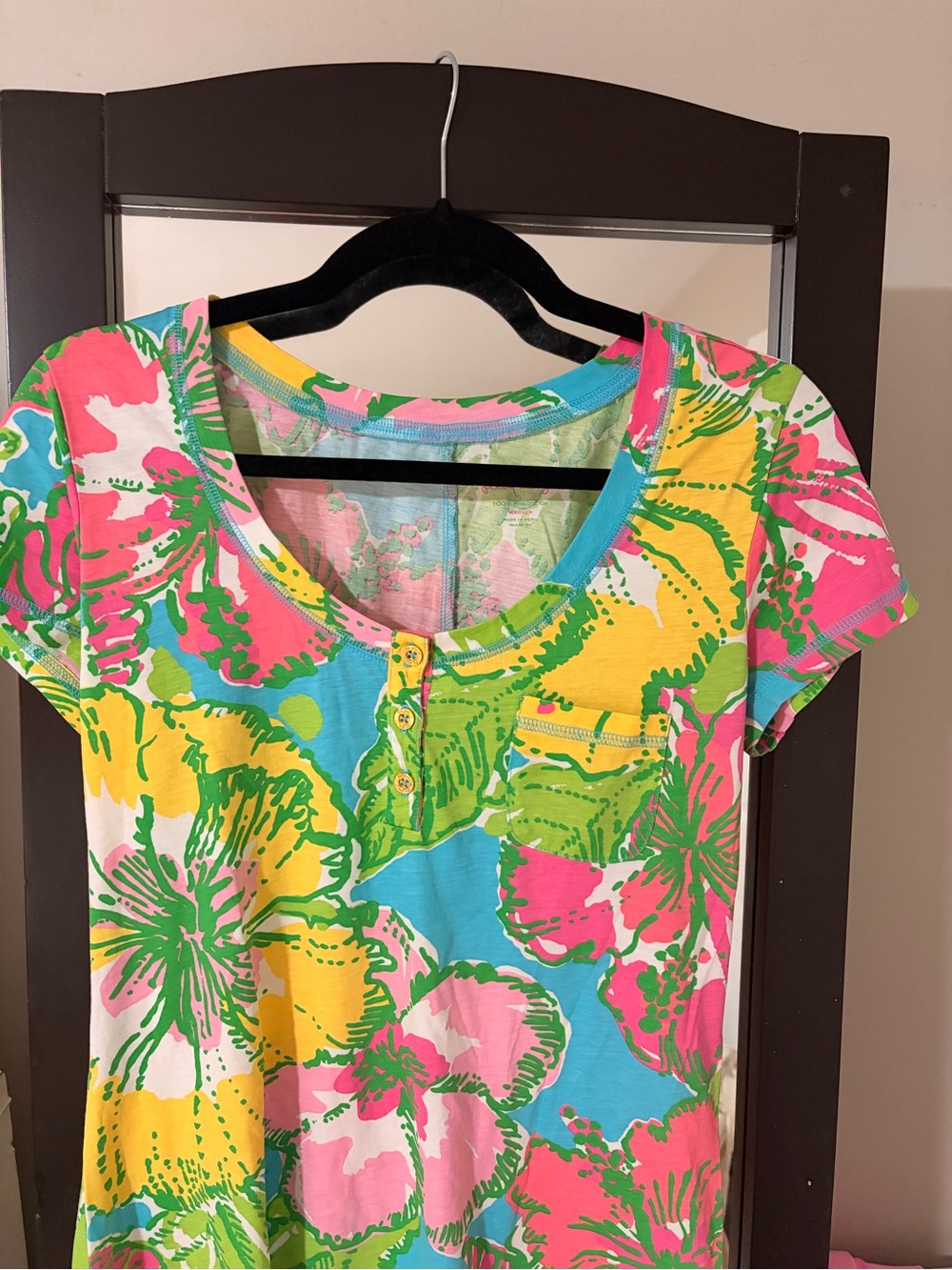 Lilly Pulitzer Britton Henley Floral Scoop Neck Tee - Pink, Yellow, Blue, Gree